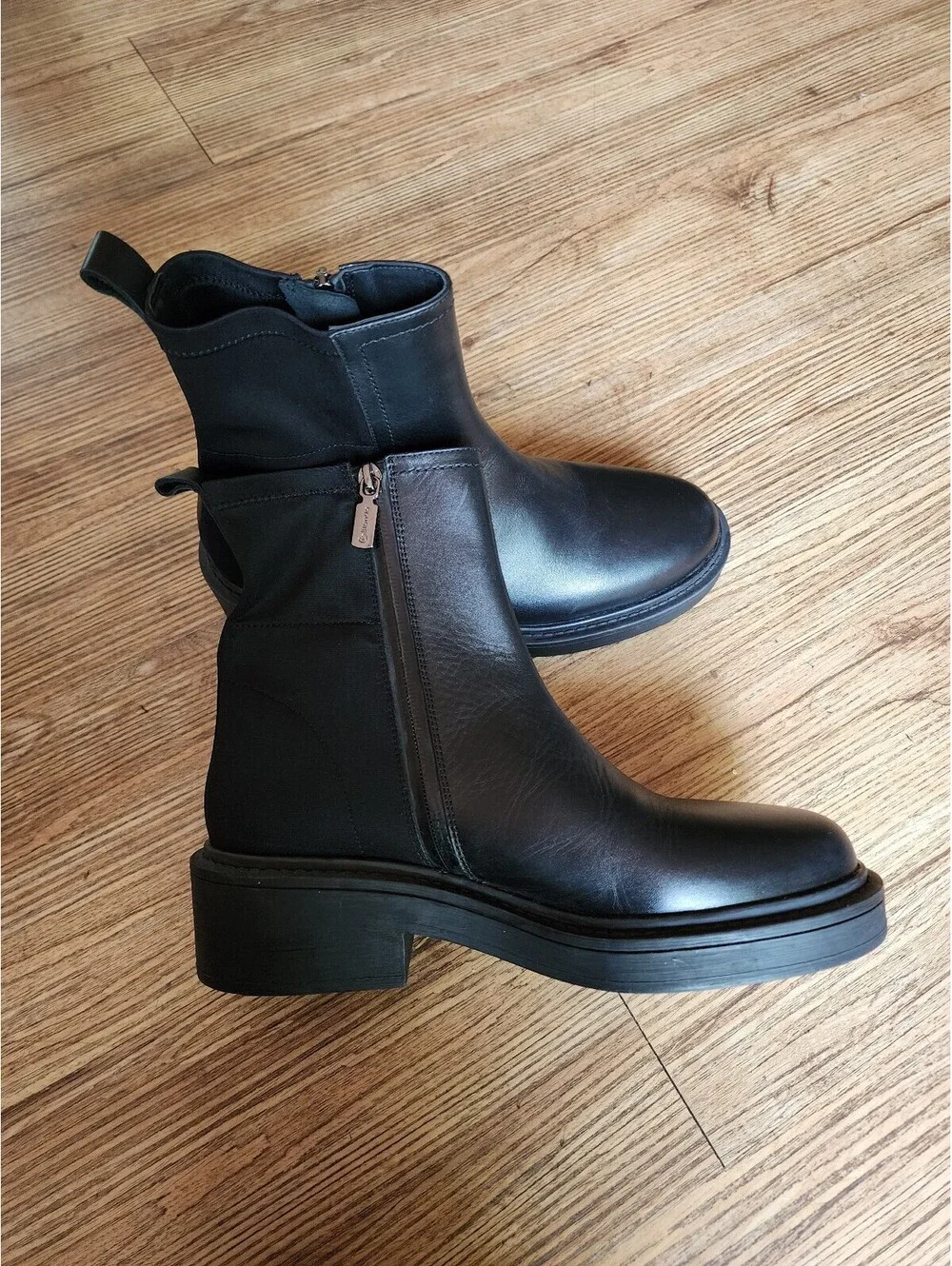Blondo water  proofBlack Leather Ankle Boots with Side Zipper and Chunky Heel